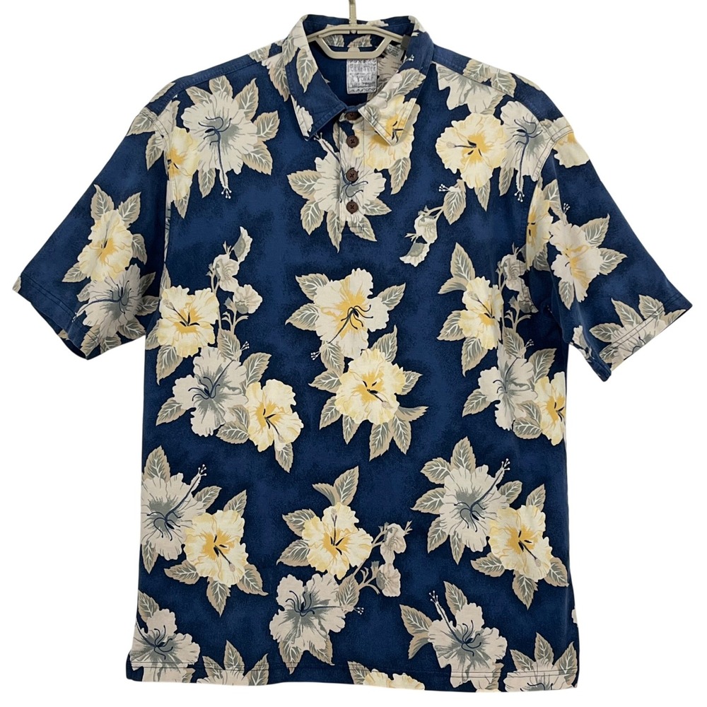 Vtg Roundtree & Yorke Mens Polo Shirt L Blue Yellow Y2K Tropical Floral Cotton